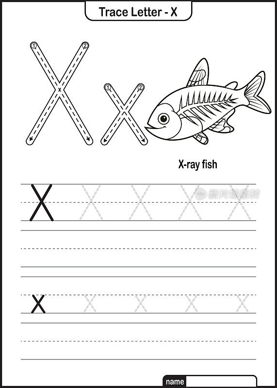 字母跟踪字母A到Z学龄前工作表与字母X X射线鱼亲矢量